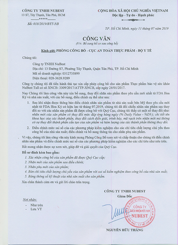 công văn thay đổi nhãn chai