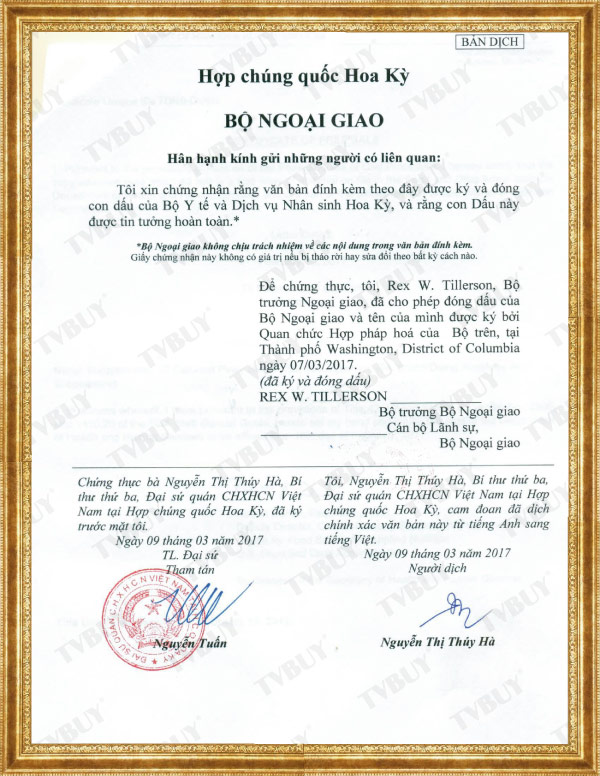 Bản dịch xác nhận của Bộ Ngoại Giao Hoa Kỳ