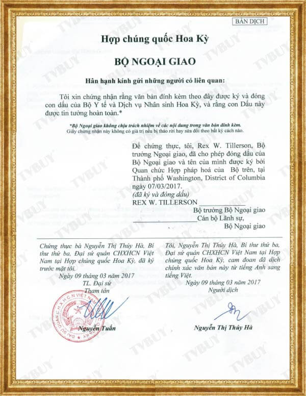 Bản dịch xác nhận của Bộ Ngoại Giao Hoa Kỳ - bởi Đại sứ quán VN