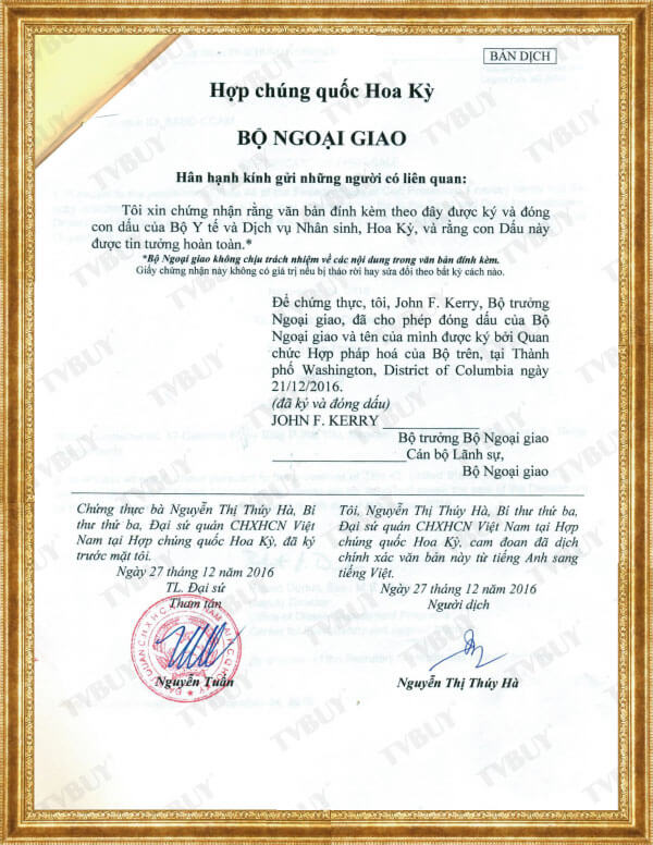 Bản dịch xác nhận của Bộ Ngoại Giao Hoa Kỳ - bởi Đại sứ quán VN