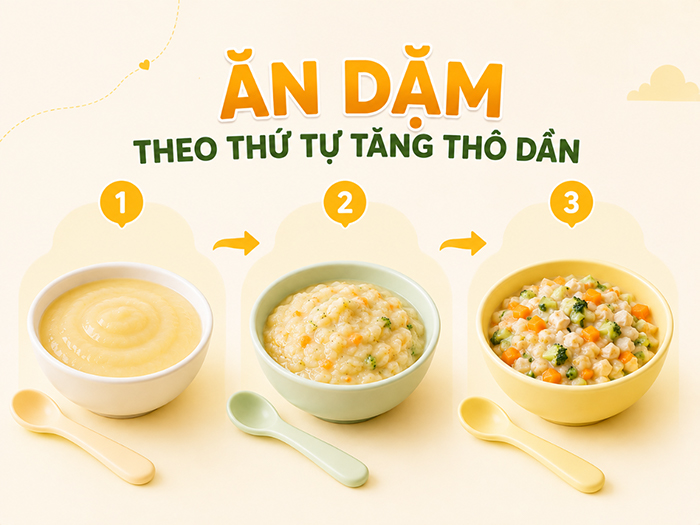 Tăng dần độ thô để bé thích nghi tốt với thức ăn.