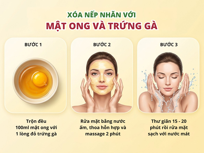 Bí quyết xóa nếp nhăn hiệu quả với mật ong và trứng gà.