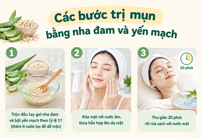 Các bước trị mụn bằng nha đam và yến mạch.