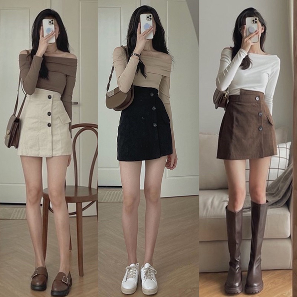 Chân váy ngắn trên đầu gối kết hợp giày thể thao, giày búp bê, boot cao cổ… đều hợp