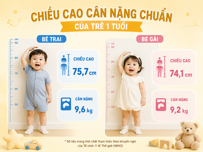 Chiều cao cân nặng chuẩn của trẻ 1 tuổi.