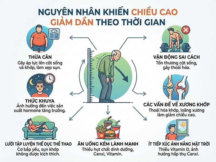 Chiều cao bị giảm dần theo thời gian do nhiều nguyên nhân