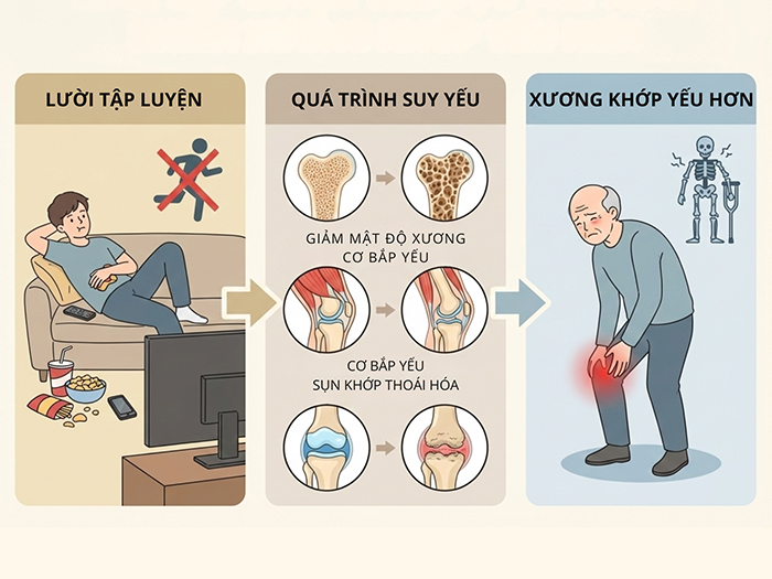 ​​​​​​​Lười vận động khiến xương khớp thụ động, lâu dần nhanh giảm chiều cao
