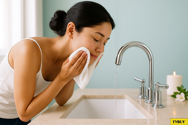 Dùng khăn bông thấm cho mau kho da trước khi dùng kem dưỡng ẩm