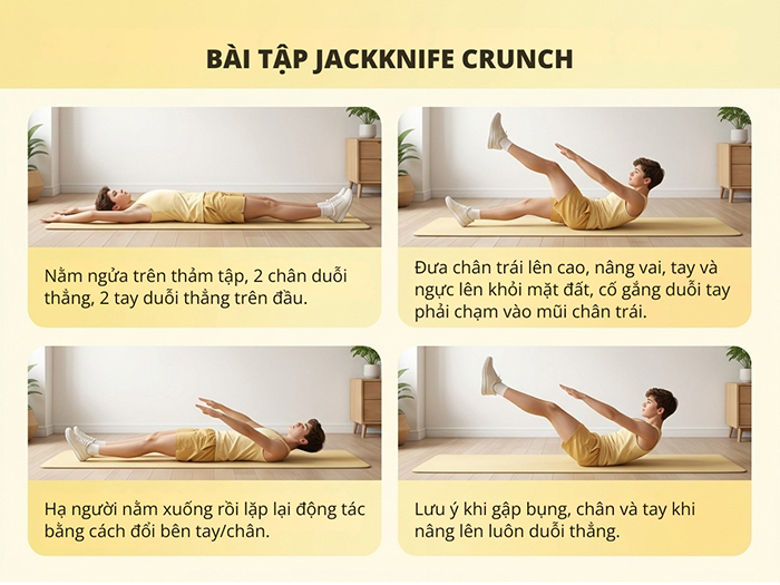 Các bước tập gập bụng kiểu Jackknife Crunch.