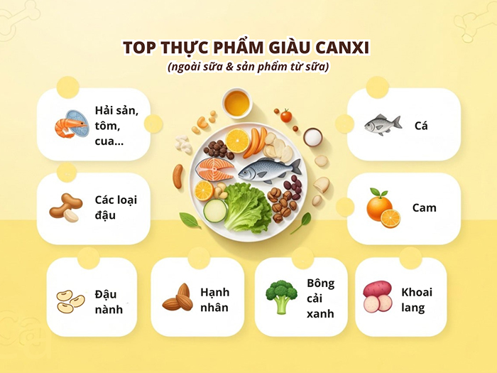 Các thực phẩm giàu Canxi nên có trong bữa ăn hằng ngày.