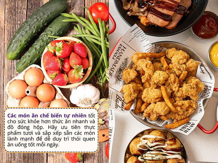 Để giảm cân, nên thay thức ăn nhanh bằng các loại thực phẩm tươi, chế biến tự nhiên