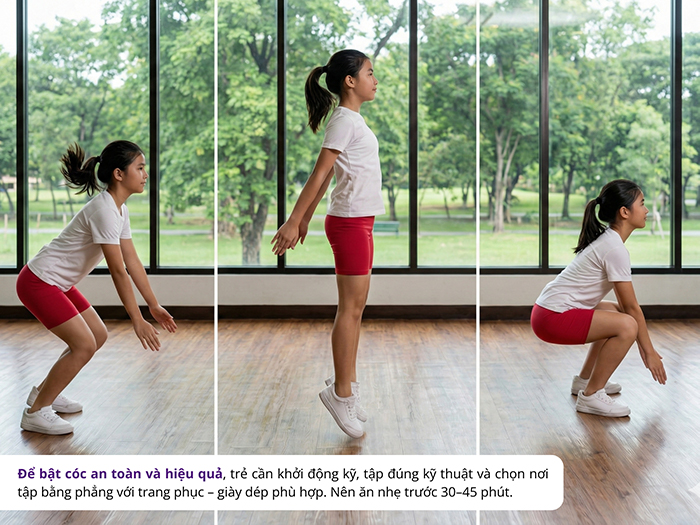 Khi tập bật cóc cần đảm bảo đúng tư thế và kỹ thuật để hạn chế chấn thương