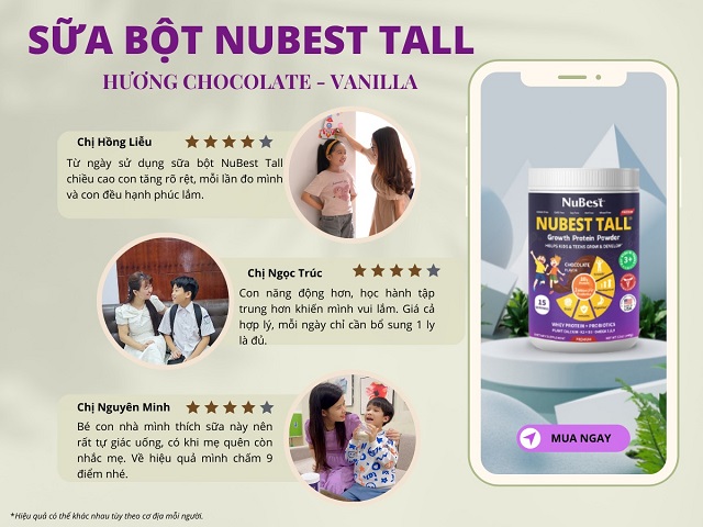 Sữa bột NuBest Tall hương Chocolate cho trẻ từ 3 tuổi trở lên nhận nhiều phản hồi tích cực