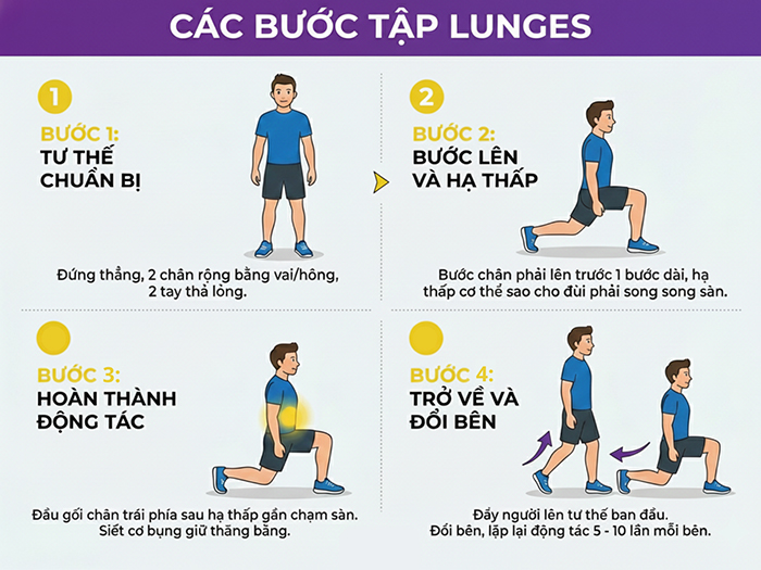 Các bước tập Lunges căng cơ chân đơn giản tại nhà