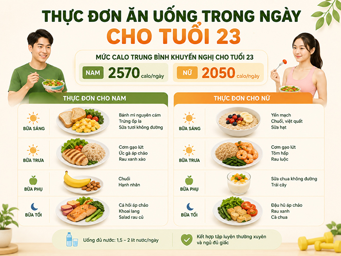 Tham khảo thực đơn cân đối vóc dáng ở tuổi 23.