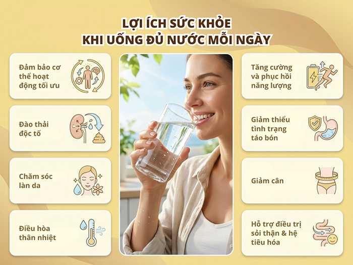Lợi ích sức khỏe nhận được khi uống đủ nước mỗi ngày.