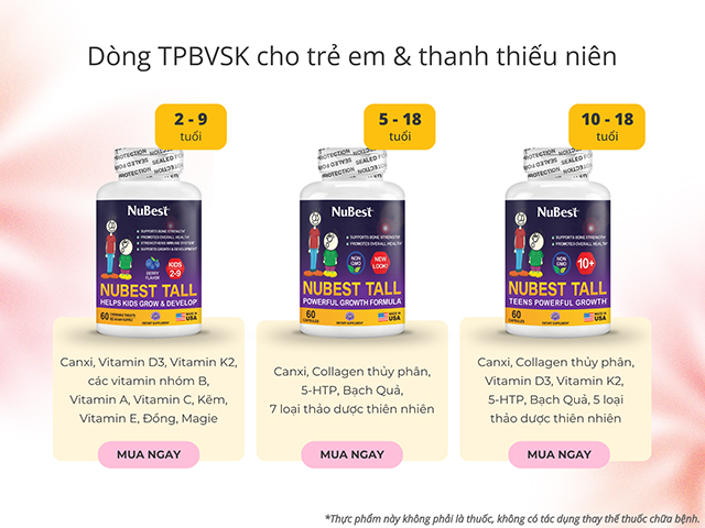 Các sản phẩm TPBVSK dòng NuBest Tall phù hợp trẻ 2 - 18 tuổi