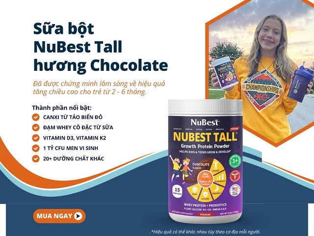 Sữa bột NuBest Tall hương Chocolate giúp bứt phá chiều cao